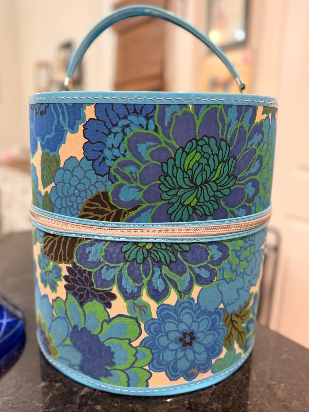 Vintage 60s Flower Power Floral Wig Travel Case Mod Blue Hat Box Storage